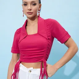 Athena Spread Collar Fitted Ruched Crop Top-picture-22