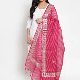 SOUNDARYA Magenta & Silver-Toned Pure Cotton Gota Patti Work Dupatta-30
