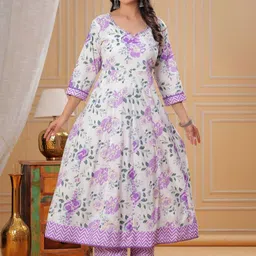 KALINI Floral Printed Beads and Stones V-Neck Pure Cotton Kurta With Trousers And Dupatta-53