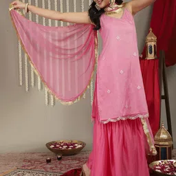 Varanga Women Pink Embroidered Sequinned Kurta with Sharara & Dupatta-picture-11