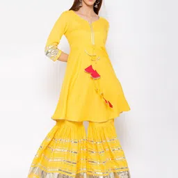 Yuris Women Yellow Gotta Patti Pure Cotton Kurti with Palazzos-image-62