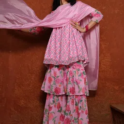 QISSA Floral Printed Round Neck  Gotta Patti Kurti With Sharara & Dupatta-picture-42