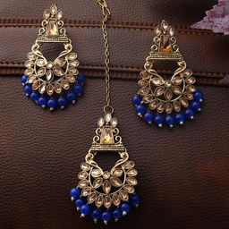 ANIKAS CREATION Blue & Beige Gold-Plated Kundan Stone Studded & Beaded Jewellery Set-10