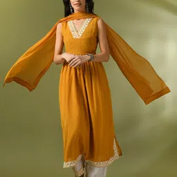 Sangria Floral Embroidered Sleeveless Straight Kurta With Trousers & Duppatta-45
