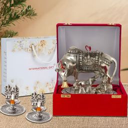 INTERNATIONAL GIFT Silver 3 Pieces Kamdhenu Cow With Calf Idol Diya Gift Set-image-84