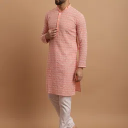 SOJANYA Men Floral Embroidered Regular Pure Cotton Kurta with Churidar-picture-38