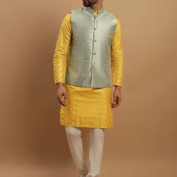 SOJANYA Geometric Embroidered Regular Kurta with Churidar & Woven Design Nehru Jacket-picture-28