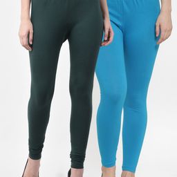 Jinfo Women Green & Turquoise Blue Pack Of 2 Solid Leggings-image-34