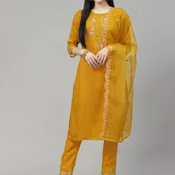 SheWill Women Mustard Yellow Ethnic Motifs Embroidered Kurta with Trousers & With Dupatta-image-71
