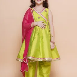Bitiya by Bhama Girls Floral Embroidered Angrakha Kurta with Trousers & Dupatta-picture-31