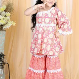 LIL PITAARA Girls Peach-Coloured Ethnic Motifs Printed Gotta Patti Pure Cotton Kurti with Sharara-image-99