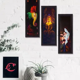 eCraftIndia Set Of 3 Black & Yellow Radha Krishna Ganesha Buddha Printed Satin Matt Texture UV Wall Art-23