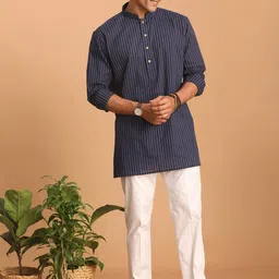 SHVAAS by VASTRAMAY Striped Mandarin Collar Pure Cotton Sustainable Kurta With Trousers-picture-36
