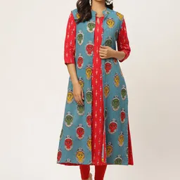 FABRIC FITOOR Women Red & Teal Blue Ikat Printed A-Line Layered Kurta-image-47