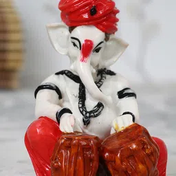 eCraftIndia Red & White Handcrafted Lord Ganesha Playing Tabla Showpiece-3