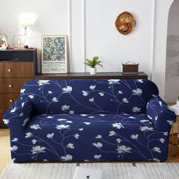Cortina Navy Blue Printed 3-Seater Stretchable Non-Slip Sofa Slipcover-image-58