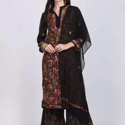 KHAKA Ethnic Motifs Embroidered Regular Chikankari Straight Kurta with Sharara & Dupatta-20