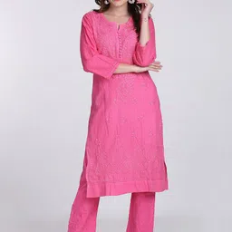KHAKA Floral Embroidered Notched Neck Chikankari Pure Cotton Straight Kurta with Trousers-image-10