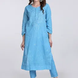 KHAKA Floral Embroidered Round Neck Chikankari Pure Cotton Straight Kurai with Trousers-image-84