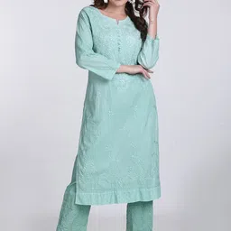 KHAKA Floral Embroidered Regular Chikankari Pure Cotton Straight Kurta with Trousers-21