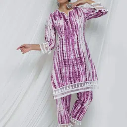 Anouk Purple Abstract Printed Regular Kantha Work Tassels Pure Cotton Kurta With Trousers-13