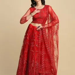 Warthy Ent Red Embroidered Thread Work Semi-Stitched Lehenga & Unstitched Blouse With Dupatta-47