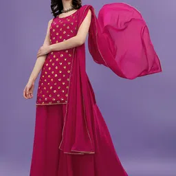 ASPORA Women Pink Printed Sequinned Silk Georgette Kurti with Sharara & With Dupatta-image-51
