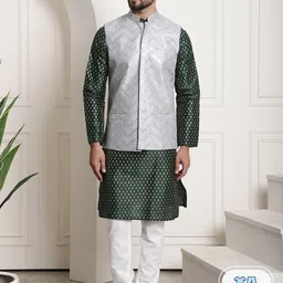 SOJANYA Ethnic Motifs Embroidered Straight Cotton Kurta With Churidar With Nehru Jacket-picture-56