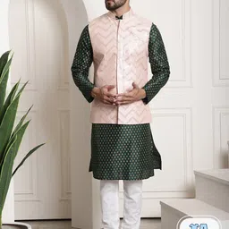 SOJANYA Ethnic Motifs Printed Silk Cotton Kurta With Pyjama & Woven Design Nehru Jacket-4
