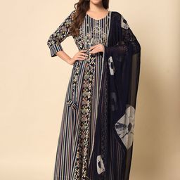 Meeranshi Ethnic Motif Printed Mirror Work A-Line Kurta With Trousers & Dupatta-6