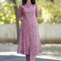 GoSriKi Floral Printed Notch Neck Thread Work Kurta With Trouser-picture-38