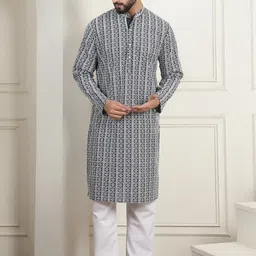 Anouk Charcoal Ethnic Motifs Embroidered Straight Pure Cotton Kurta with Churidar-image-1