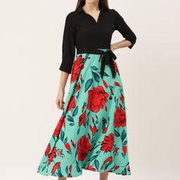Deewa Green & Black Floral Crepe A-Line Midi Dress-image-21
