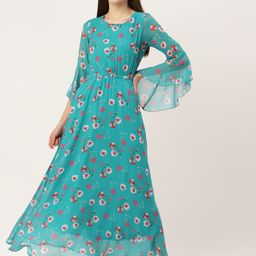 Deewa Turquoise Blue Floral Georgette Maxi Dress-image-99