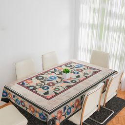 Aura Cream-Coloured Floral Anti-Skid Cotton 6-Seater Table Cover-image-69
