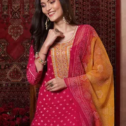 GoSriKi Bandhani Printed Sequunied Straight Kurta With Trousers And Dupatta image 2