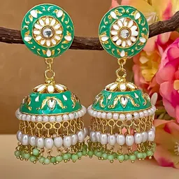 Zeviel Gold-Plated Kundan Studded And Pearls Beaded Dome Shaped Jhumkas-image-62