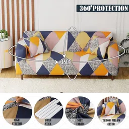 Aura Yellow & Blue Printed Polyester 1 Piece Sofa Cover With Arms-image-55
