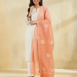 Fabindia Floral Embroidered Cotton Silk Dupatta With Chikankari-23