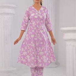 AUTUMN LANE Floral Printed V-Neck A-Line Pure Cotton Kurta With Trousers-picture-23