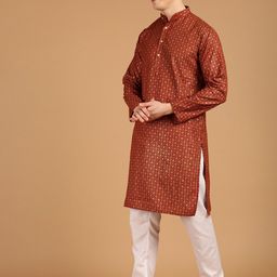 SOJANYA Band Collar Ethnic Motifs Printed Cotton Linen Kurta with Pyjamas-image-66