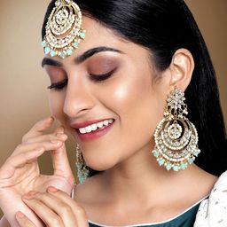 Peora Sea Green Gold Plated Kundan & Pearl Chandbali Earring & Maang Tika-image-47