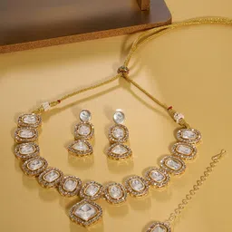 AMI Gold Plated Stones Studded Necklace and Earrings With Maang Tika-95