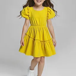 ARIAS By LARA DUTTA Girls Solid Puff Sleeve Fit & Flare Knee Length Dress-image-23