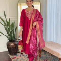 Navlik Floral Yoke Design Thread Work Chanderi Silk Straight Kurta With Trousers & Dupatta-image-10