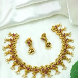 Diksha collection Brass-Plated Stone Studded & Beaded Matte Finish Jewellery Set-image-78