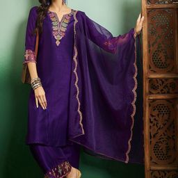 KALINI Ethnic Motifs Yoke Design Notch Neck Straight Kurta With Trouser & Dupatta-image-13