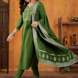 Sangria Embroidered Straight Kurta With Trousers & Dupatta Sets-picture-26