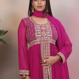 Delice Yoke Design Sequinned Georgette High Slit A-Line Kurta With Trousers & Dupatta image 5