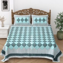 Desi Mantra Green & White Floral 120 TC Queen Bedsheet with 2 Pillow Covers-image-61